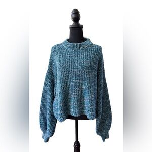 Time and Tru Tweed Blue Heavy Knit Sweater with Puff Sleeves
